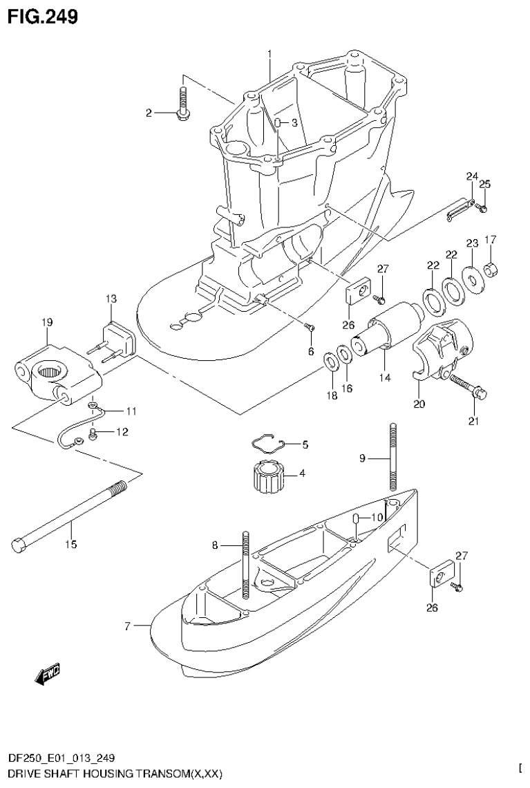 Suzuki DF200T, DF200Z, DF225T, DF225Z, DF250T, DF250Z DRIVE SHAFT HOUSING TRANSOM(X,XX) (DF200T E1) parts diagram